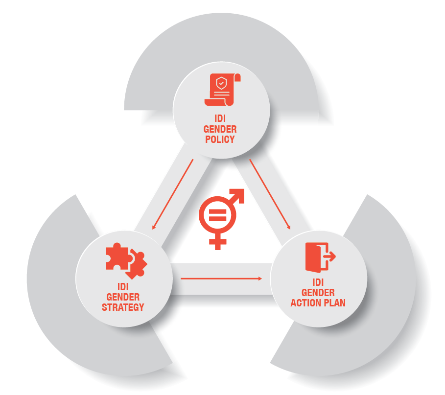 Infographic showing how IDI Gender Policy influences IDI Gender Strategy and IDI Gender Action Plan.