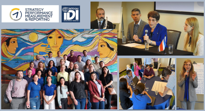 Participants from the seven SAIs interacting during the workshop and photographed with the famous mural “Constitución, Justicia y Contraloría”