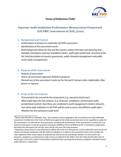 Cover of the SAI PMF terms of reference template