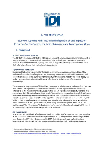 Terms of Reference: SAI Independence and Resource Governance Tender