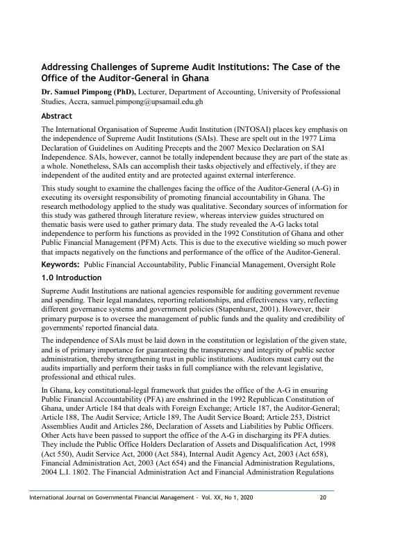 Addressing Challenges of Supreme Audit Institutions: The Case of the Office of the Auditor-General in Ghana