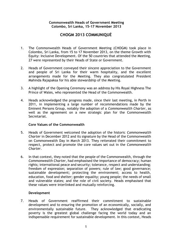 Commonwealth Heads of Government 2013 Communiqué