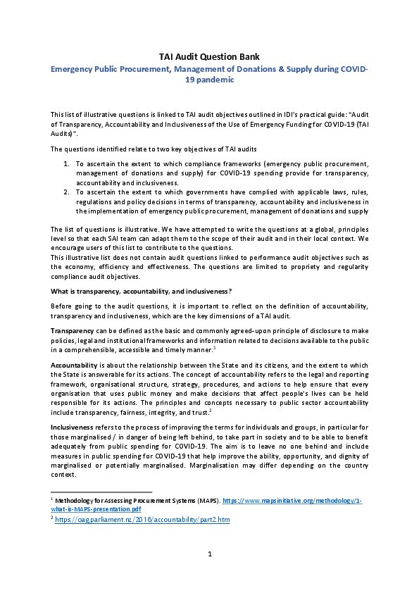 TAI audit questions bank on procurement, donations and supply