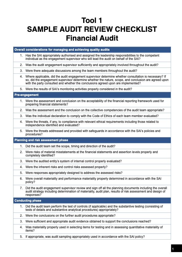 Tool 1 Audit Review Checklist (FA)