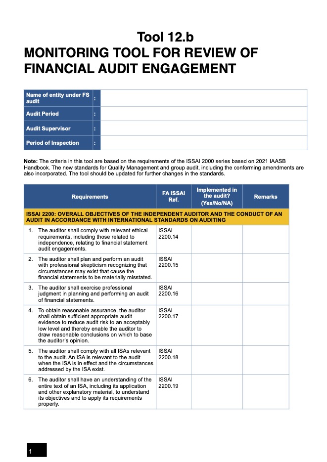 Tool 12 B Monitoring Tool for Review of FA Engagement