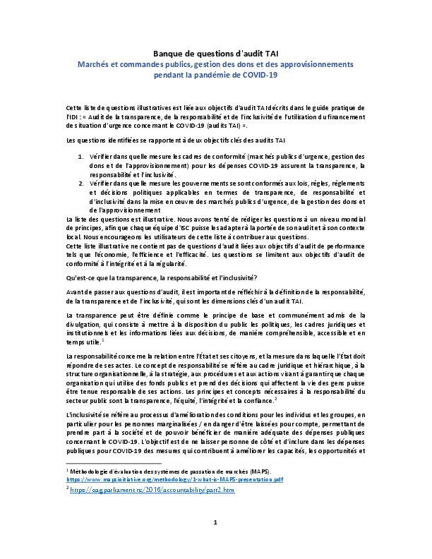 TAI Audit Question Bank Emergency Procurement FRENCH