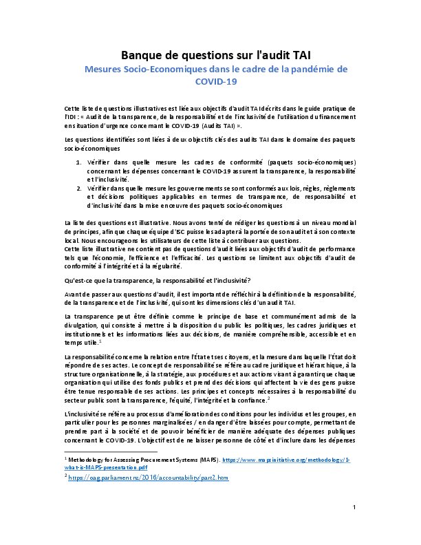 TAI Audit Question Bank Socioeconomic packages FRENCH