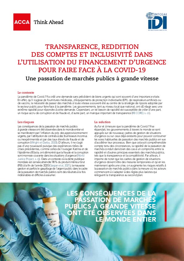 Transparence, reddition des comptes et inclusivité dans l’utilisation du financement d’urgence pour faire face à la COVID-19 : Une passation de marchés publics à grande vitesse