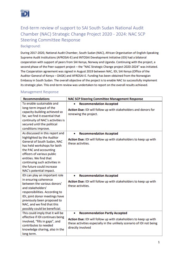 Management Response to End Term Review NAC South Sudan