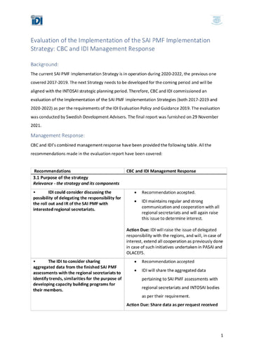 Evaluation of the Implementation of the SAI PMF Implementation Strategy: CBC and IDI Management Response