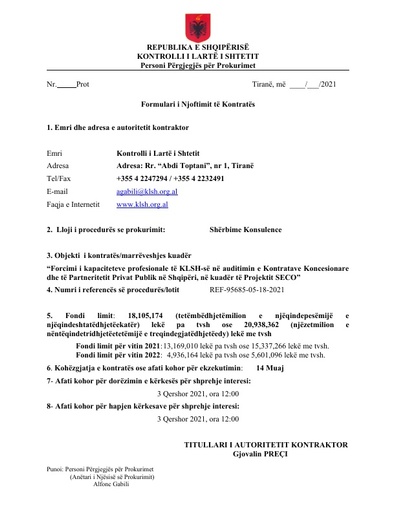 ALSAI – Formulari i Njoftimit të Kontratës