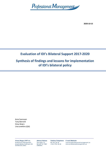 Bilateral Support 2017-2020 Evaluation, Component 4 – Synthesis of findings and lessons for implementation of IDI’s bilateral policy